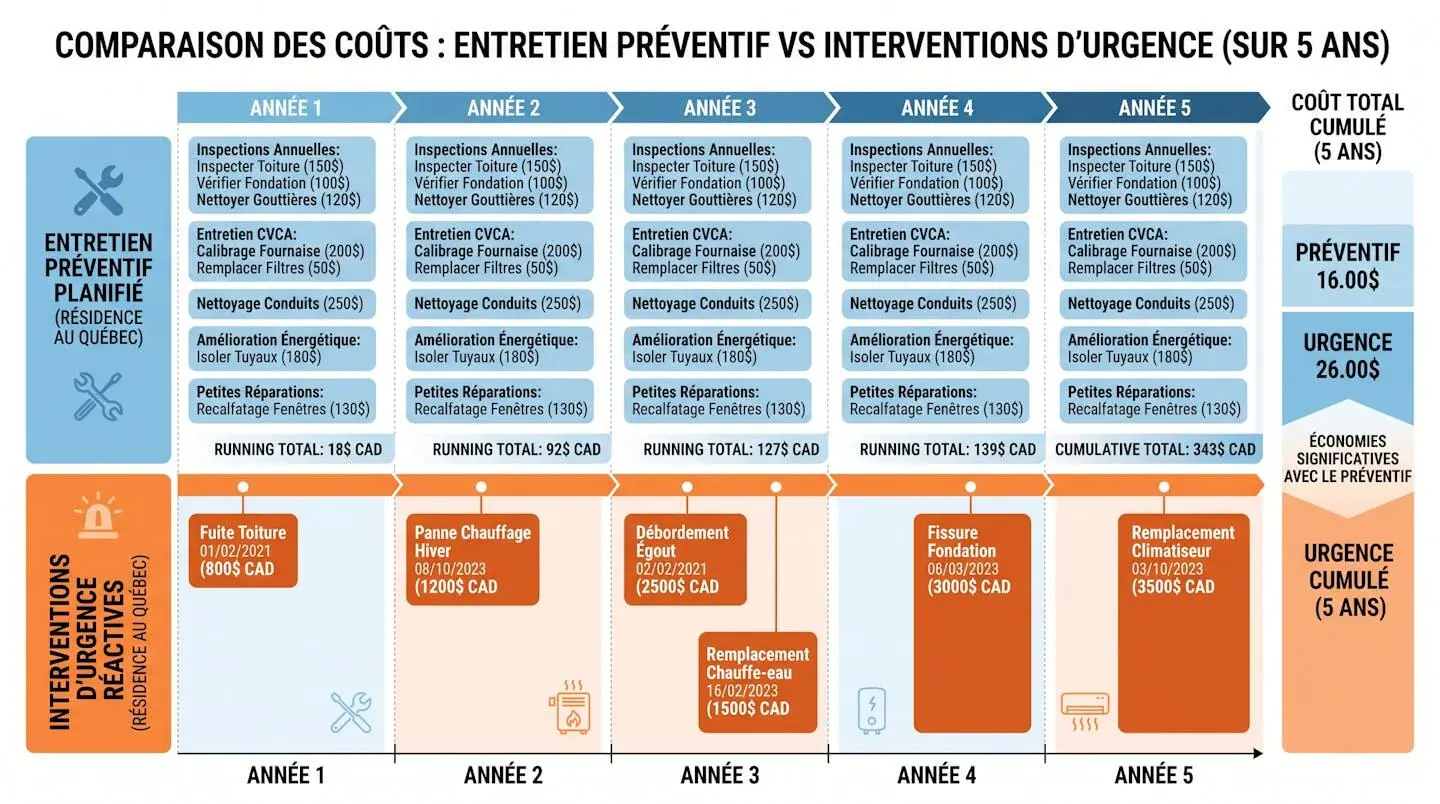 Graphique comparatif montrant l'évolution des coûts sur 5 ans entre entretien préventif annuel et interventions d'urgence