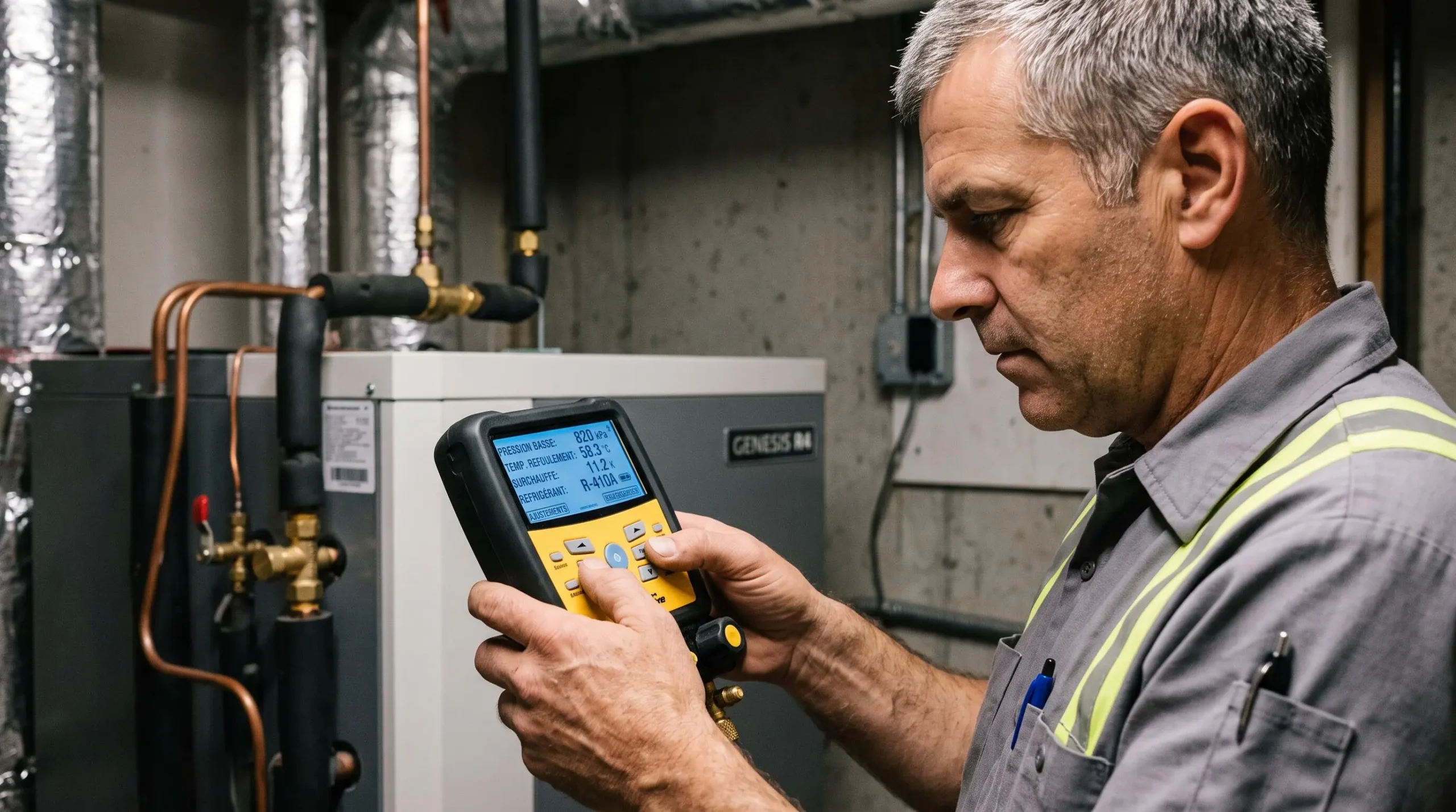 Inspecteur CVAC senior vérifiant les paramètres de performance d'un système de thermopompe installé à l'aide d'un manifold gauge numérique affichant des mesures en français