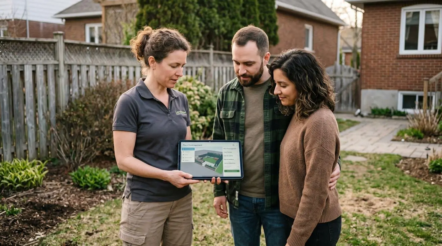 Paysagiste professionnel présentant plans d'aménagement 3D sur tablette numérique à couple de clients dans leur jardin résidentiel lors d'une consultation terrain