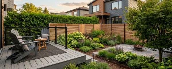 Petit jardin résidentiel québécois aménagé avec terrasse composite surélevée, mobilier de détente, plates-bandes structurées de végétaux compacts et palissade assurant l'intimité