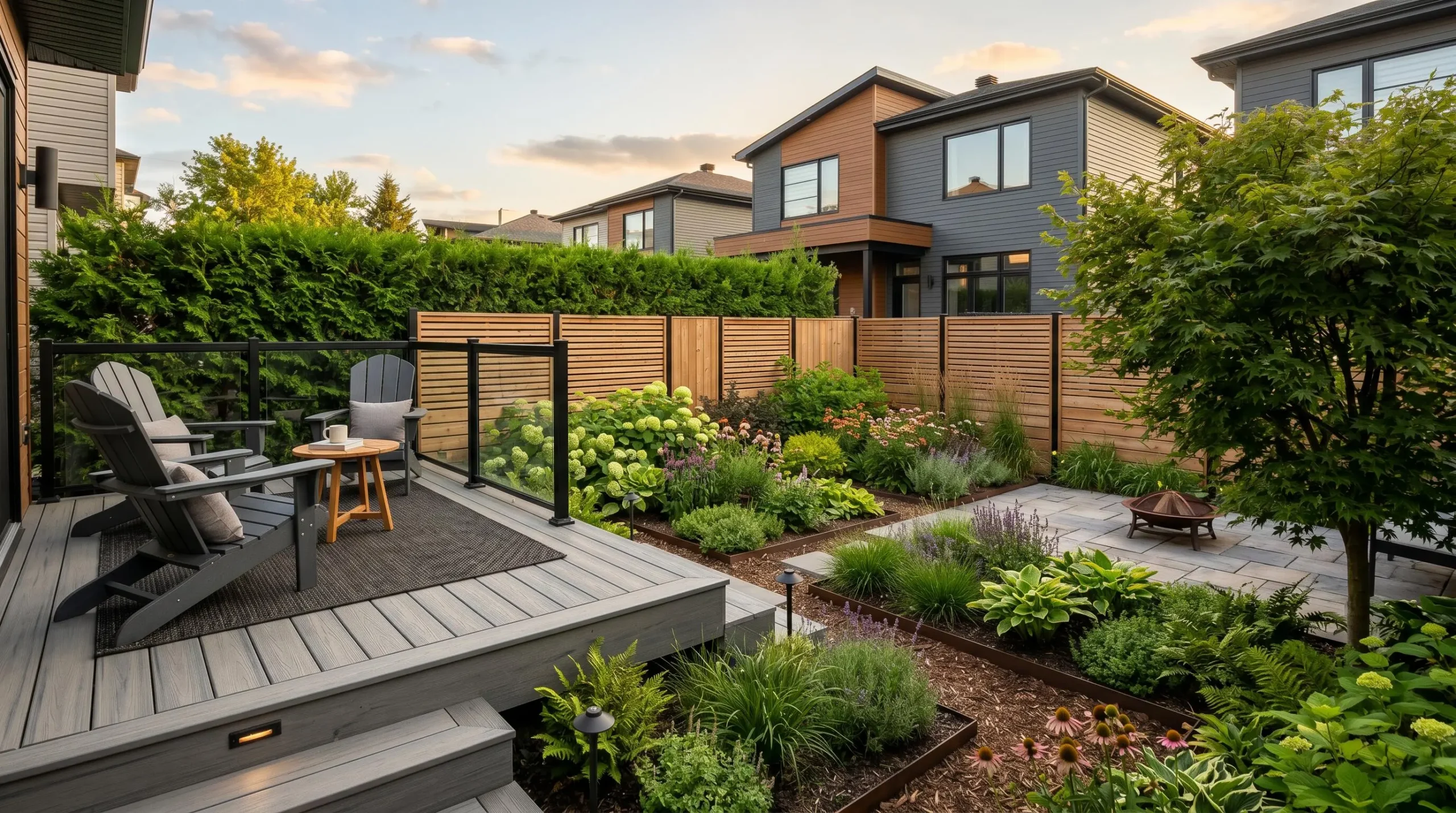 Petit jardin résidentiel québécois aménagé avec terrasse composite surélevée, mobilier de détente, plates-bandes structurées de végétaux compacts et palissade assurant l'intimité