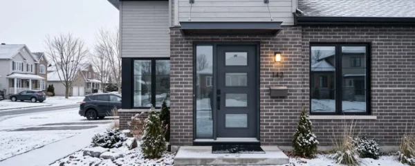 Porte d'entrée moderne sur façade résidentielle québécoise avec léger enneigement hivernal