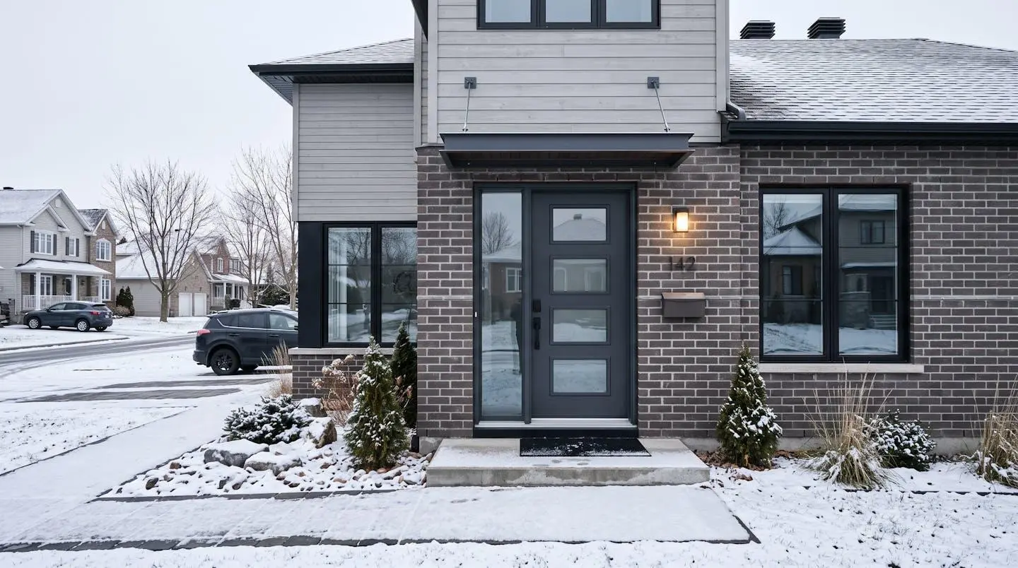 Porte d'entrée moderne sur façade résidentielle québécoise avec léger enneigement hivernal