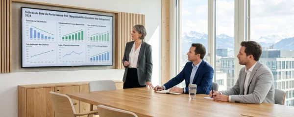 Salle de réunion moderne avec dirigeants analysant un tableau de bord RSE affiché sur grand écran, bureau aux matériaux durables avec lumière naturelle