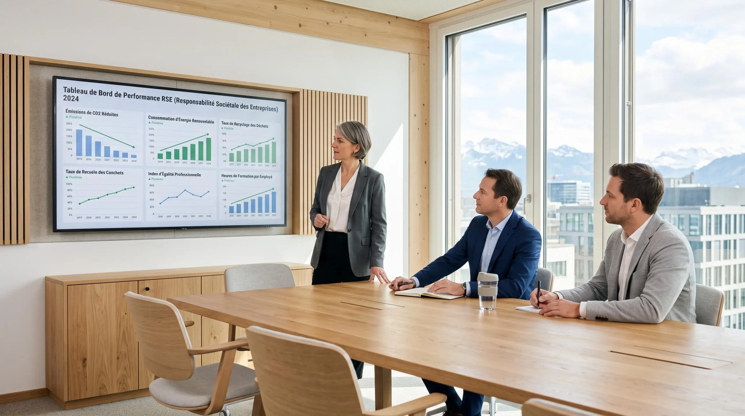 Salle de réunion moderne avec dirigeants analysant un tableau de bord RSE affiché sur grand écran, bureau aux matériaux durables avec lumière naturelle