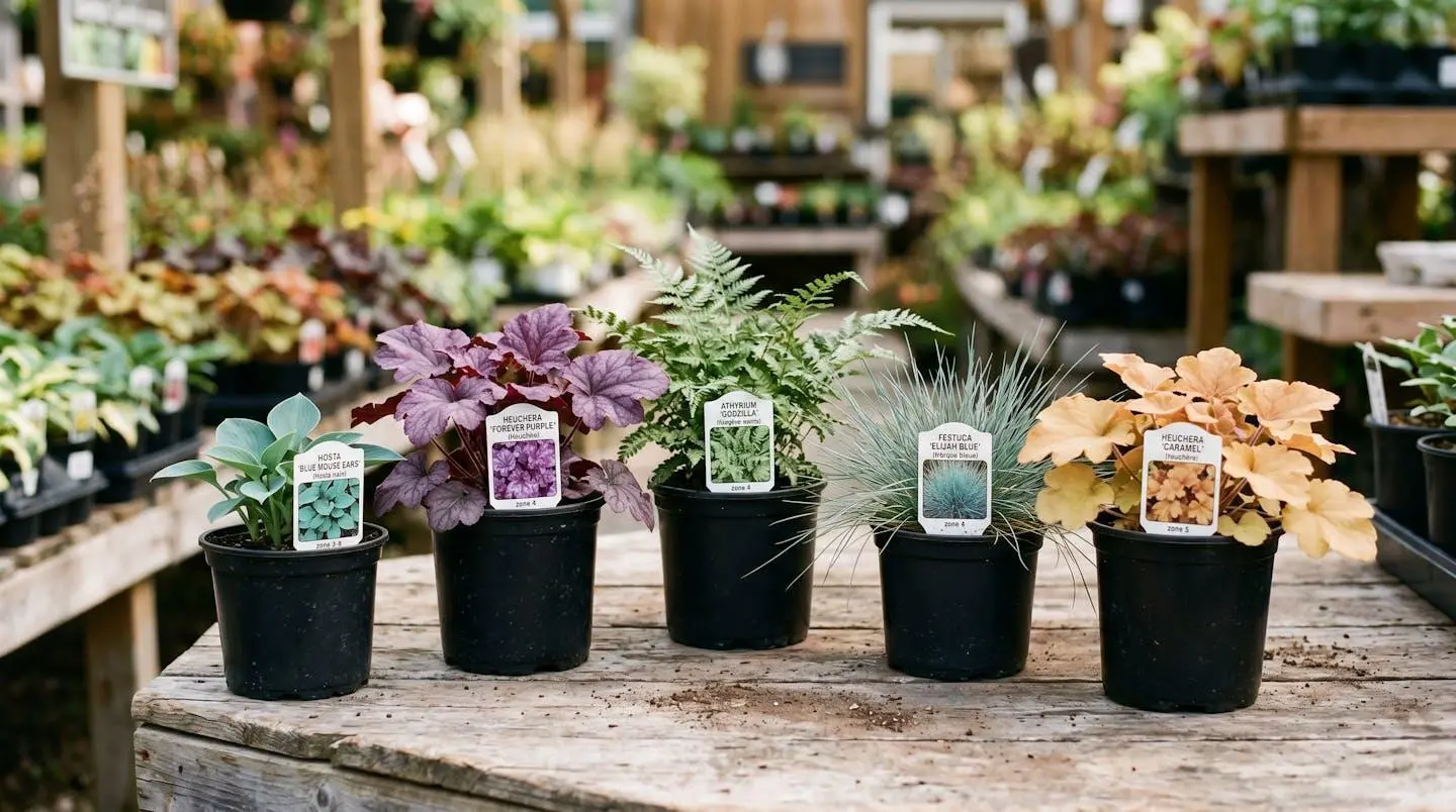 Sélection de plantes vivaces compactes en contenants de pépinière québécoise, avec étiquettes indiquant noms français et zones de rusticité adaptées au climat