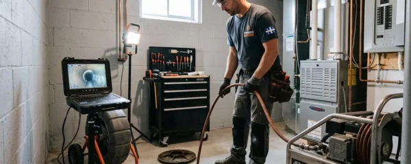 Technicien spécialisé effectuant un entretien préventif d'hydrocurage dans le sous-sol d'une résidence québécoise, équipements modernes d'inspection caméra visibles