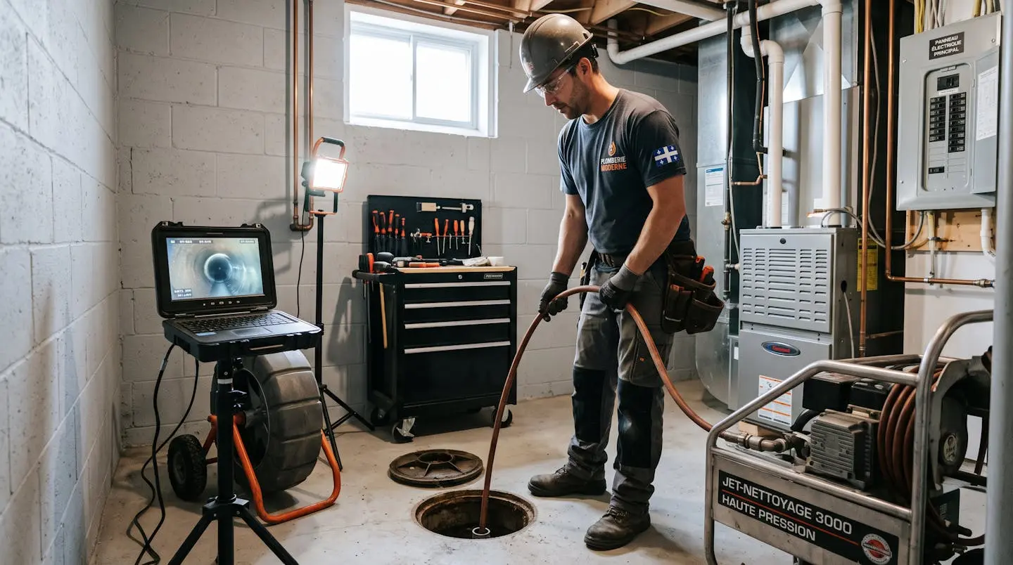 Technicien spécialisé effectuant un entretien préventif d'hydrocurage dans le sous-sol d'une résidence québécoise, équipements modernes d'inspection caméra visibles