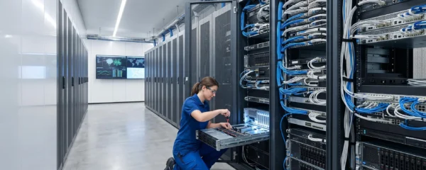 Technicien effectuant la maintenance d'un serveur rack dans une salle informatique moderne avec baies organisées et éclairage LED