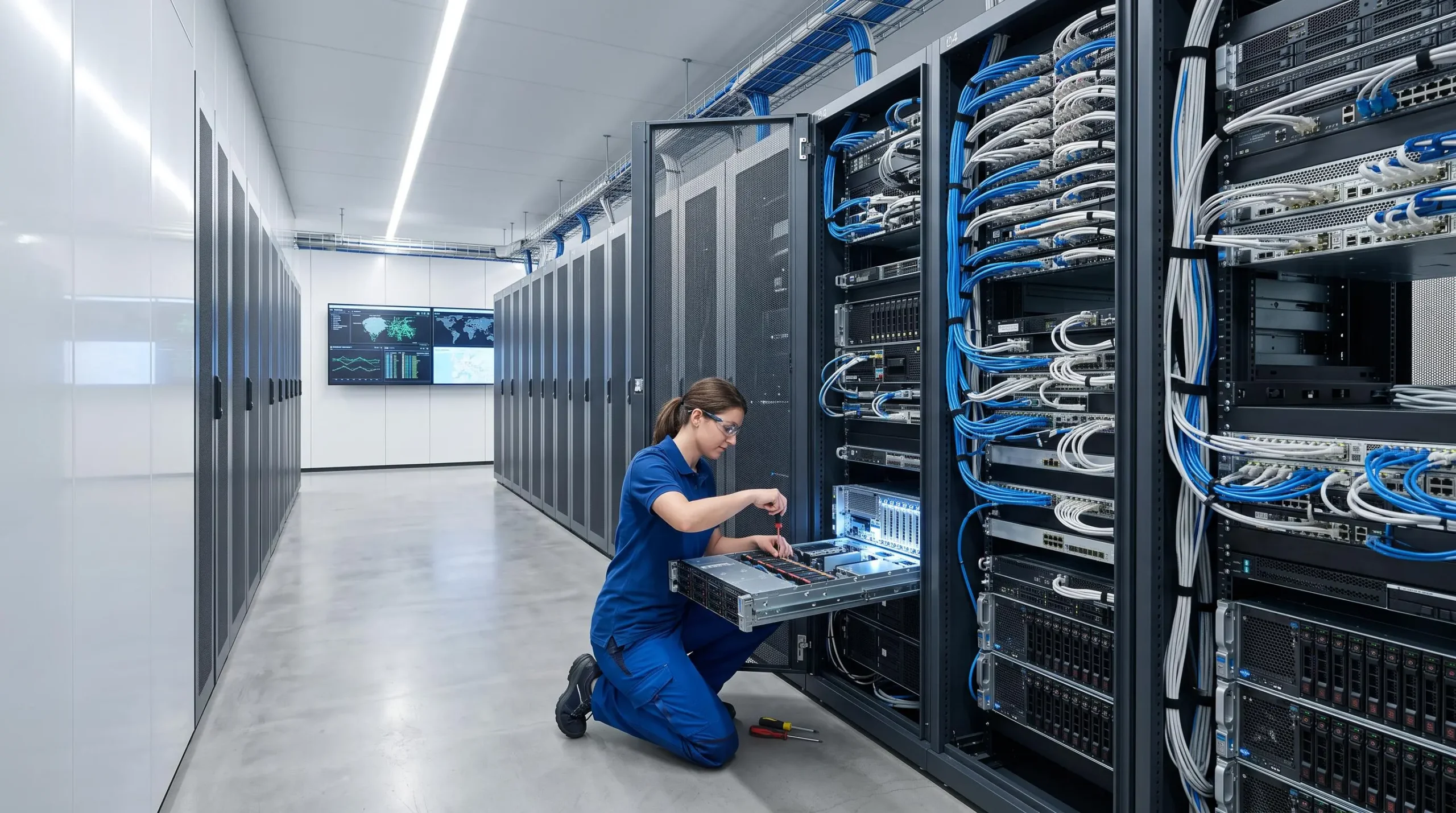 Technicien effectuant la maintenance d'un serveur rack dans une salle informatique moderne avec baies organisées et éclairage LED