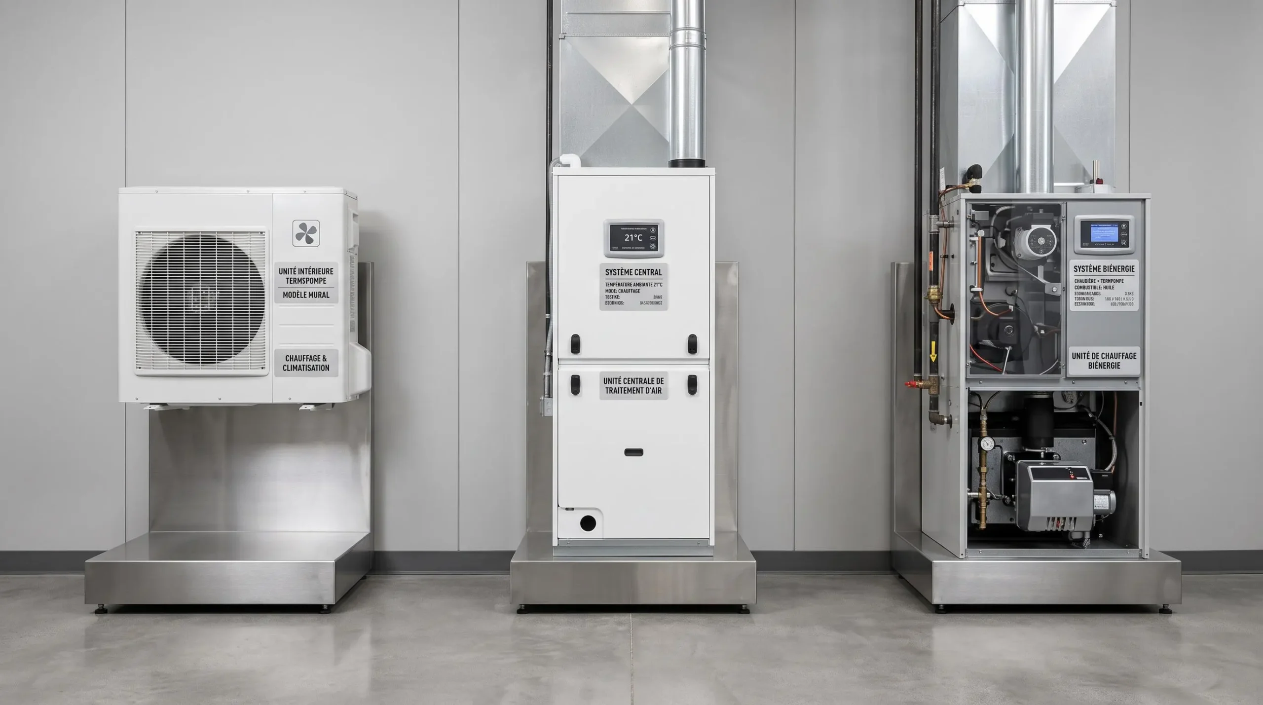 Trois types d'équipements de chauffage (thermopompe murale, unité centrale au sol, système biénergie) exposés côte à côte dans un showroom technique professionnel au Québec